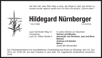 Traueranzeige von Hildegard Nuernberger von Pegnitz-Zeitung